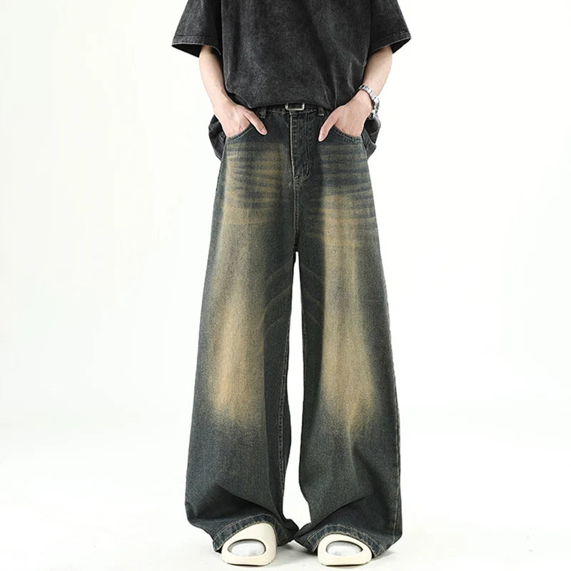 Men Denim Pants Old Blue Washed Male Jeans Straight Casual Menwear Loose Wide Leg Trousers New Fashion Korean High Street Denim