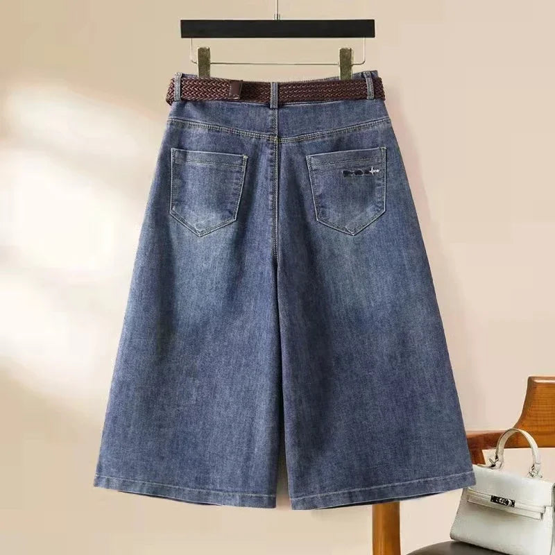 Women's Denim Shorts Spring/Summer Loose Versatile Capris Jeans Harajuku Wide Leg Pants Large Size Korean Casual Pants with Belt