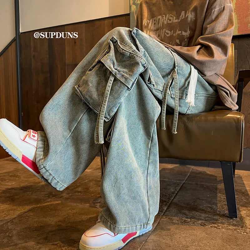 Men's Jeans Hip-hop Fashion Wide-leg Denim Pants Retro Baggy Trousers High Street Multi-pocket Jeans Male Streetwear