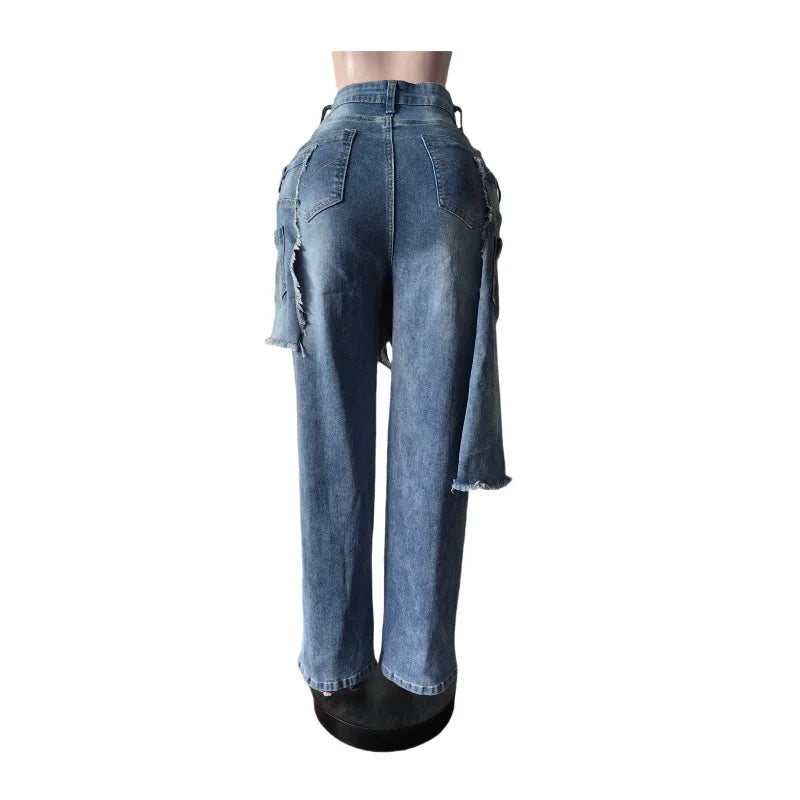 Fashion Denim Pants Women Street Wear New 2025 Fall Winter Stretch Vintage Y2k Trousers Apron Overup Ripped Straight Leg Jeans