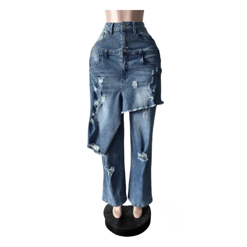 Fashion Denim Pants Women Street Wear New 2025 Fall Winter Stretch Vintage Y2k Trousers Apron Overup Ripped Straight Leg Jeans