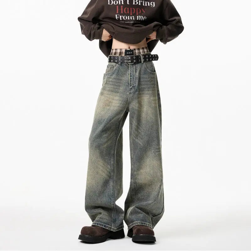 Mens Loose Straight Wide Leg Jeans Distressed Washed Vintage Oversized Floor Length Denim Pants Casual Streetwear 2025 Trendy