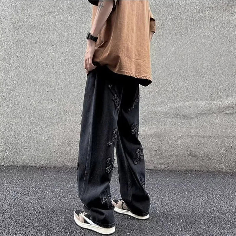 Men Straight Leg Denim Jeans Male New Fashion Casual Loose High Street Y2k Pants New Wide Leg Hip Hop Black Blue Pants