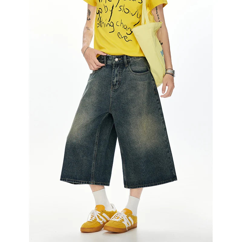 2025 Vintage American Washed Denim Capri Pants Retro Unisex Calf-Length Jeans for Men & Women Distressed Casual Streetwear S-XXL