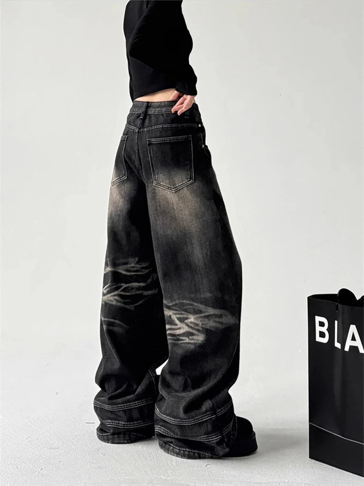 Women's Vibe Casual Black Jeans Autumn Retro Style Girl Bottoms Straight Trousers Female Wide-leg High Waist Vintage Denim Pants