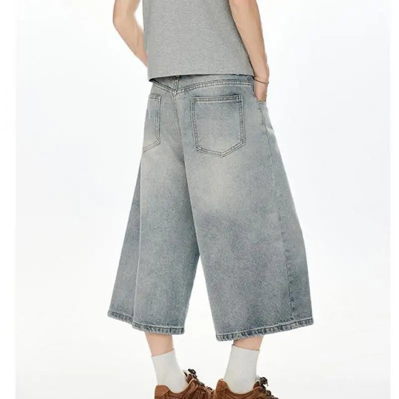 2025 Vintage American Washed Denim Capri Pants Retro Unisex Calf-Length Jeans for Men & Women Distressed Casual Streetwear S-XXL