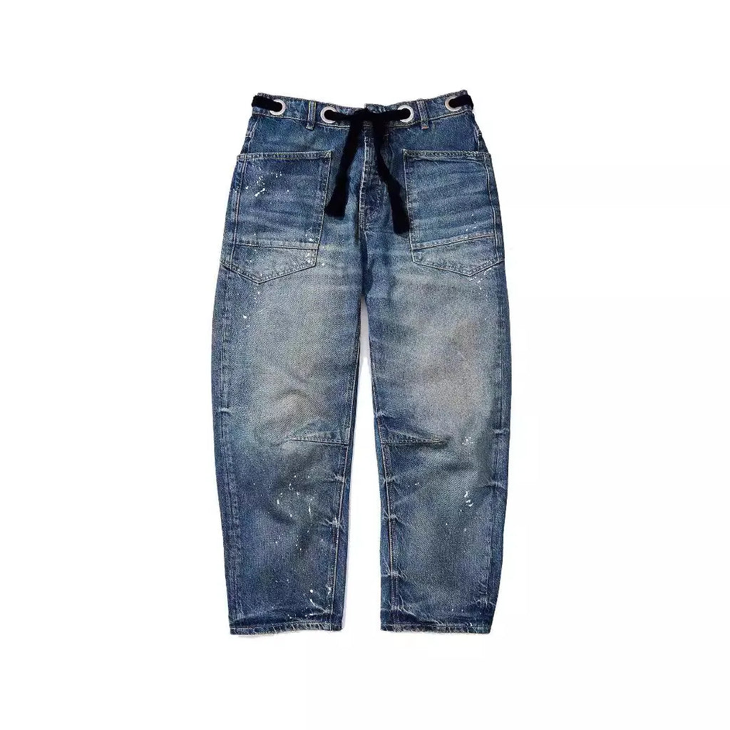 Jeans Women Denim Pants Straight Trousers Drawstring Long Pant Casual Loose Y2k Streetwear Button Pocket Splice Mom Jeans 2025