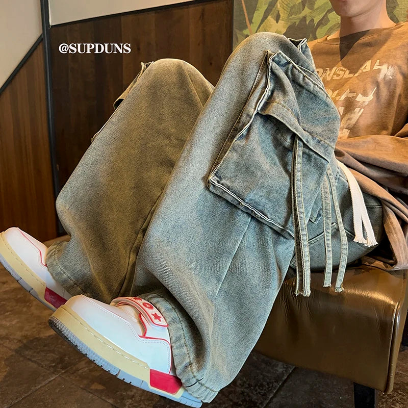 Men's Jeans Hip-hop Fashion Wide-leg Denim Pants Retro Baggy Trousers High Street Multi-pocket Jeans Male Streetwear