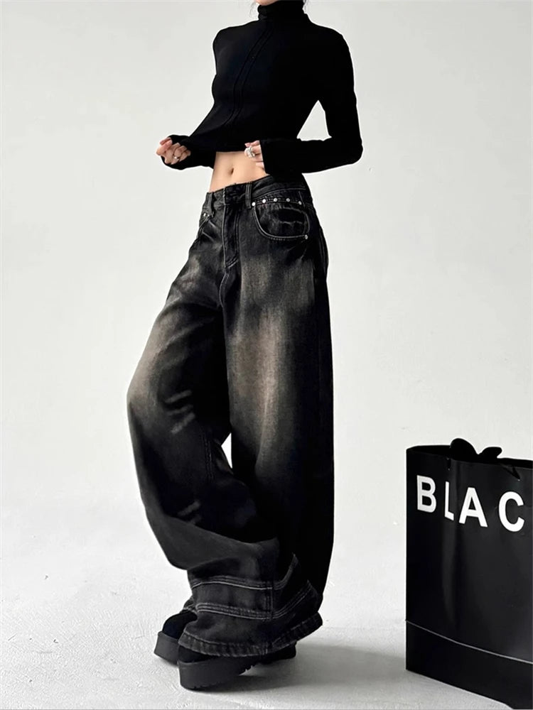 Women's Vibe Casual Black Jeans Autumn Retro Style Girl Bottoms Straight Trousers Female Wide-leg High Waist Vintage Denim Pants