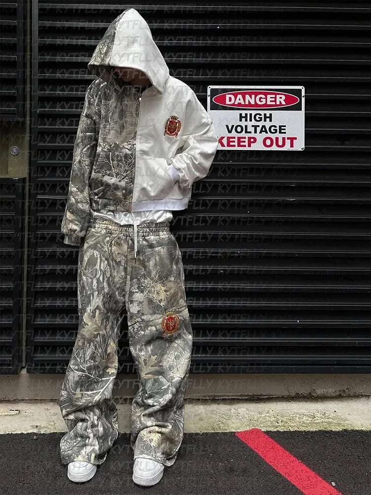 High waisted unisex straight fake dual style printed loose fashion jeans for daily casual street hip-hop Y2K clothing, hooded sw