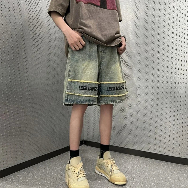 Short Jeans Pants For Men With Text Long Half Graphic Man Denim Shorts Bermuda Designer Vintage Original Popular Jorts Xl