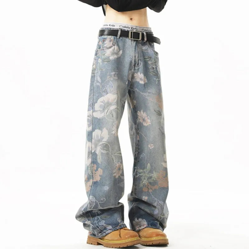 Printed denim jeans men American hip-hop High quality men women trendy retro floral print straight leg loose wide casual pants