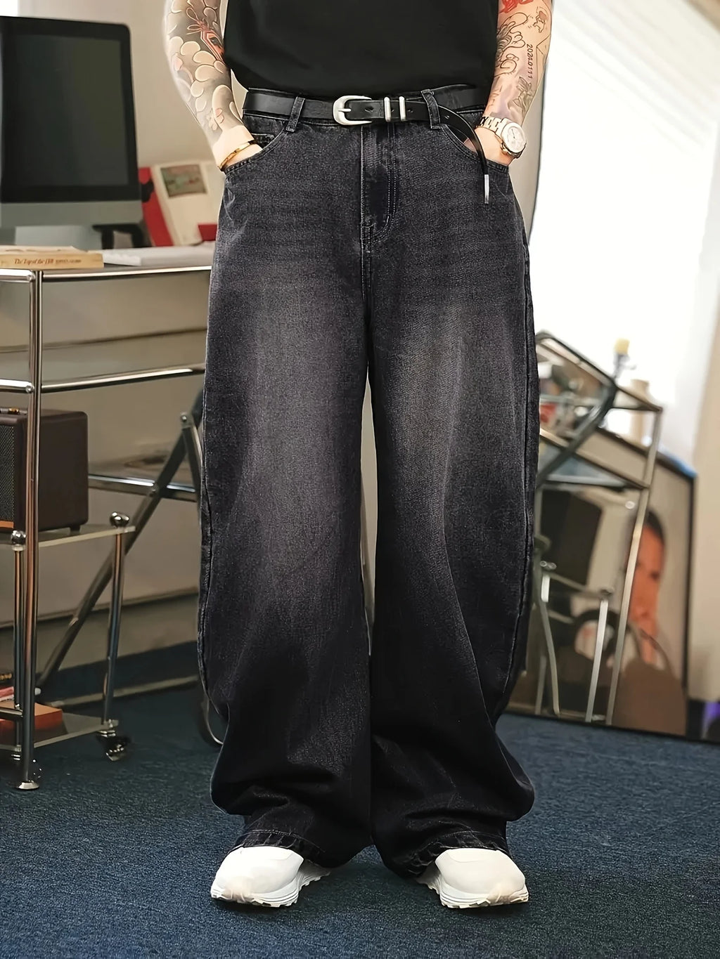 1Pc Men's Daily Travel Casual American Street Loose Jeans, Black, Light Blue, Sea Blue Fashion Street Style Retro Lantern Jeans  Denim Pants