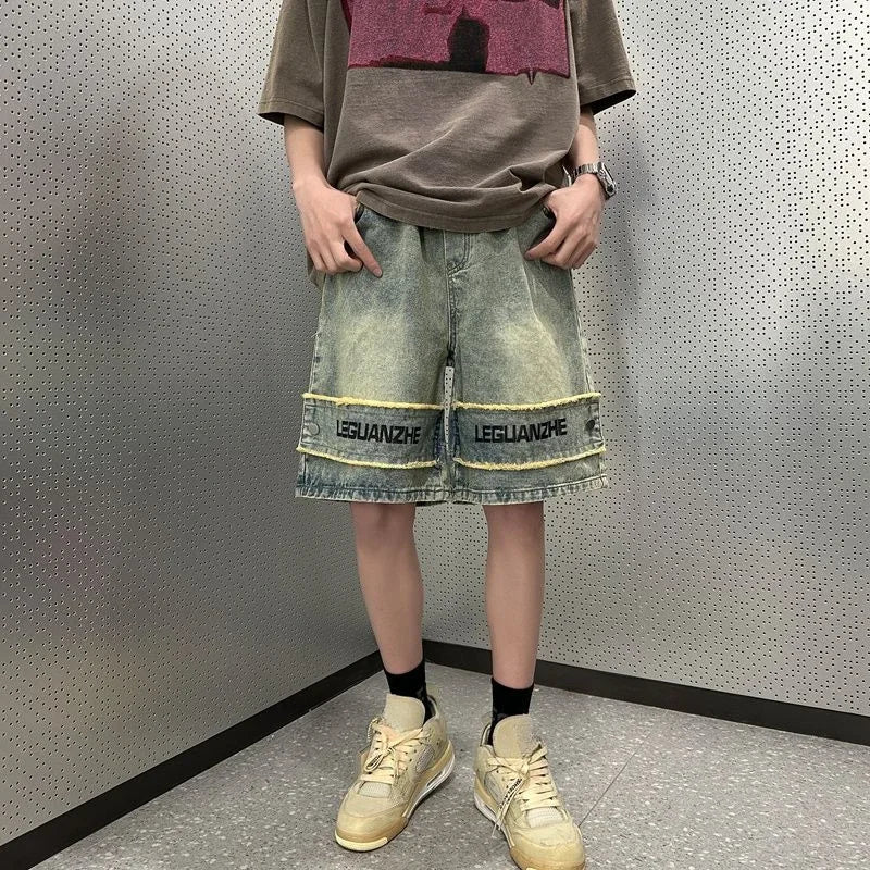 Short Jeans Pants For Men With Text Long Half Graphic Man Denim Shorts Bermuda Designer Vintage Original Popular Jorts Xl