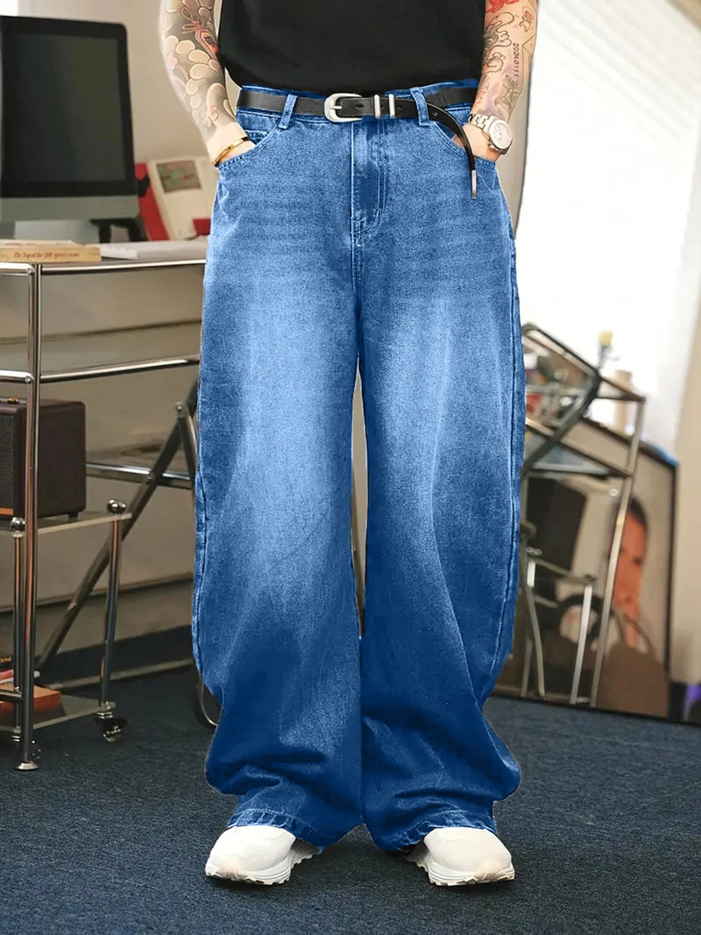 1Pc Men's Daily Travel Casual American Street Loose Jeans, Black, Light Blue, Sea Blue Fashion Street Style Retro Lantern Jeans  Denim Pants