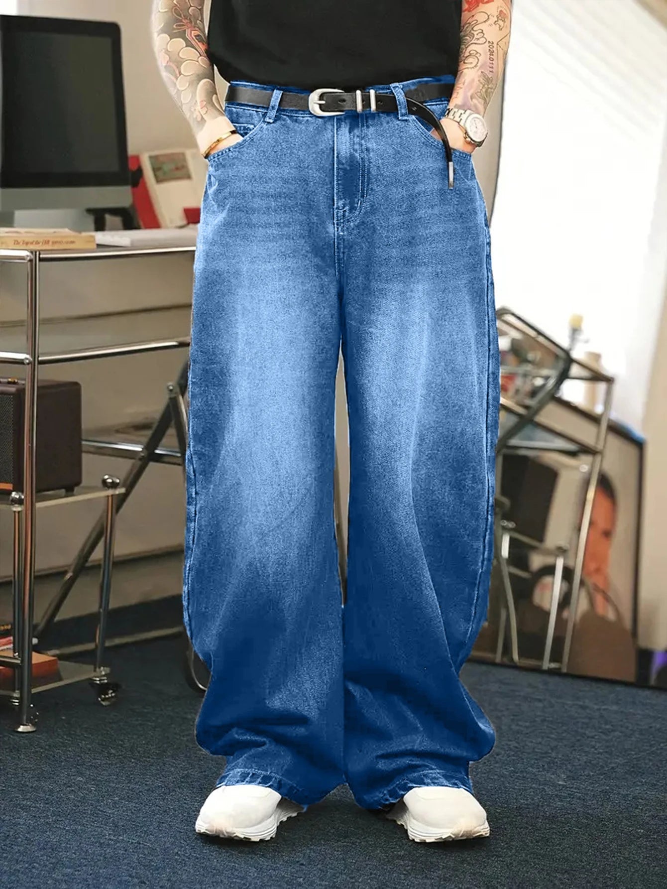 1Pc Men's Daily Travel Casual American Street Loose Jeans, Black, Light Blue, Sea Blue Fashion Street Style Retro Lantern Jeans  Denim Pants