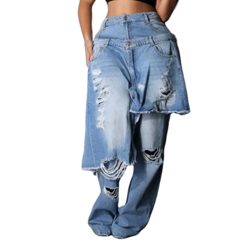Fashion Denim Pants Women Street Wear New 2025 Fall Winter Stretch Vintage Y2k Trousers Apron Overup Ripped Straight Leg Jeans