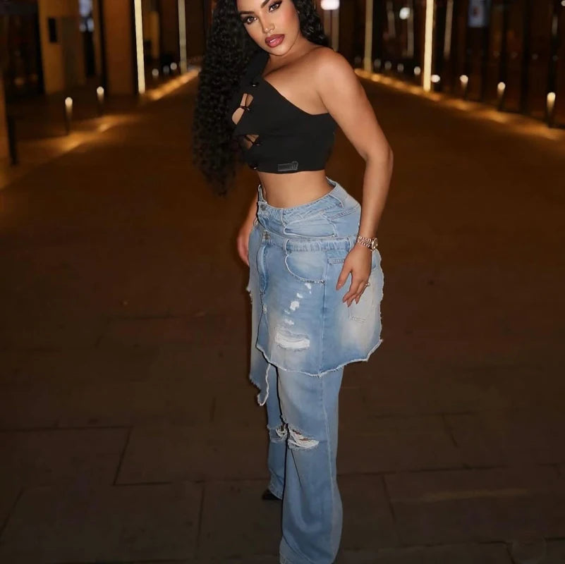 Fashion Denim Pants Women Street Wear New 2025 Fall Winter Stretch Vintage Y2k Trousers Apron Overup Ripped Straight Leg Jeans