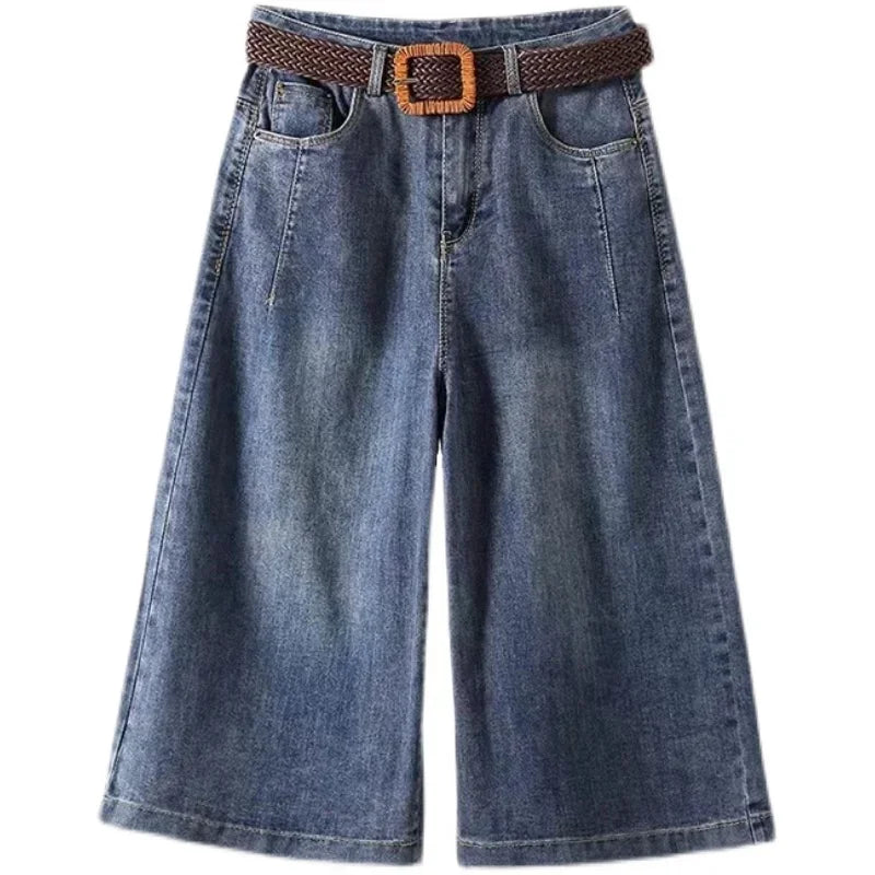 Women's Denim Shorts Spring/Summer Loose Versatile Capris Jeans Harajuku Wide Leg Pants Large Size Korean Casual Pants with Belt
