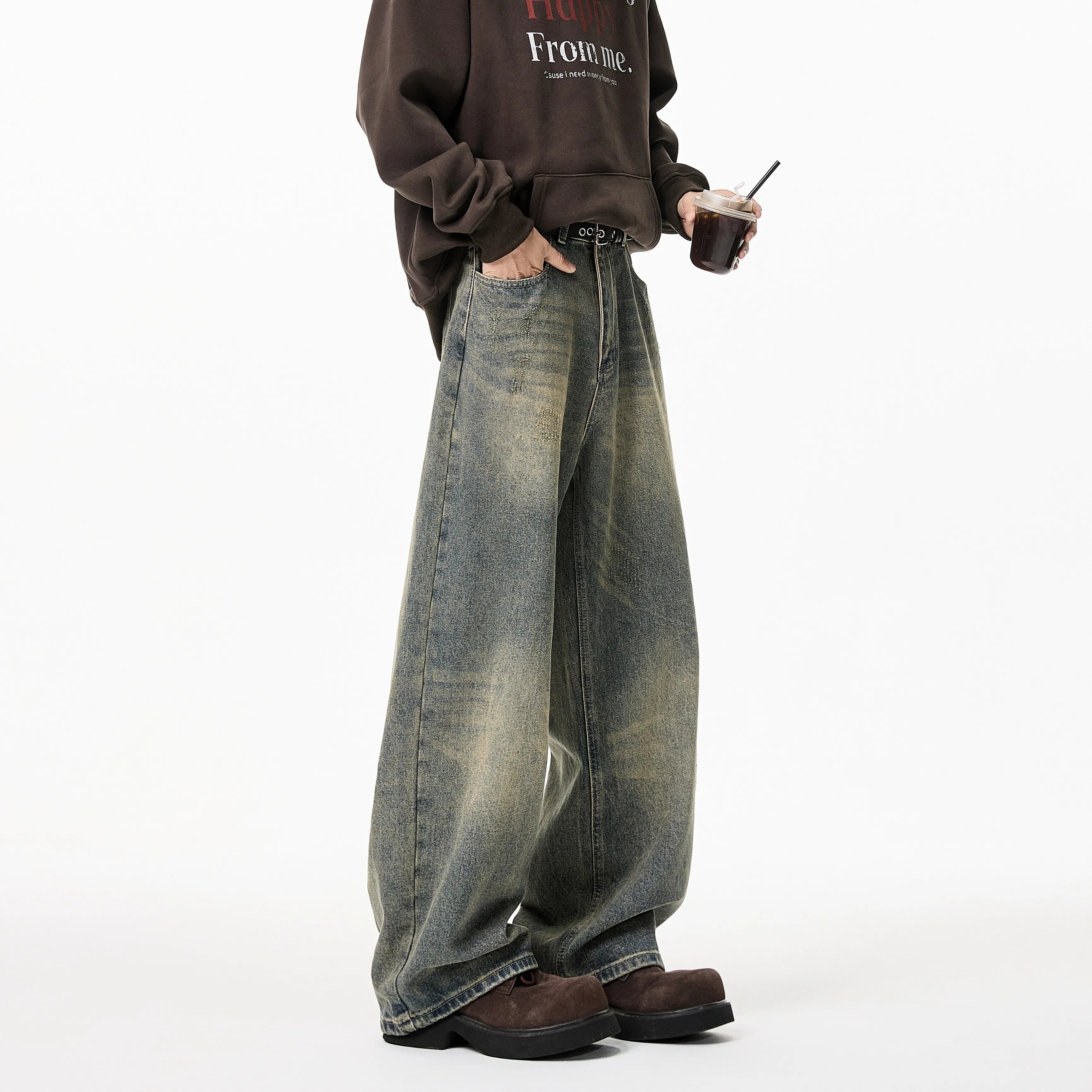 Mens Loose Straight Wide Leg Jeans Distressed Washed Vintage Oversized Floor Length Denim Pants Casual Streetwear 2025 Trendy