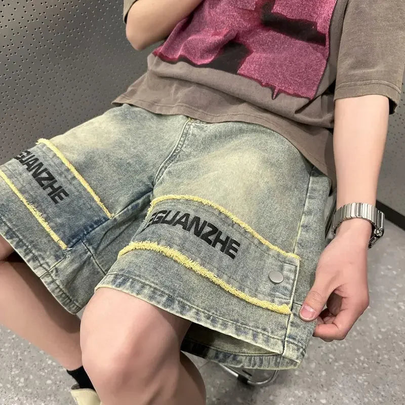 Short Jeans Pants For Men With Text Long Half Graphic Man Denim Shorts Bermuda Designer Vintage Original Popular Jorts Xl
