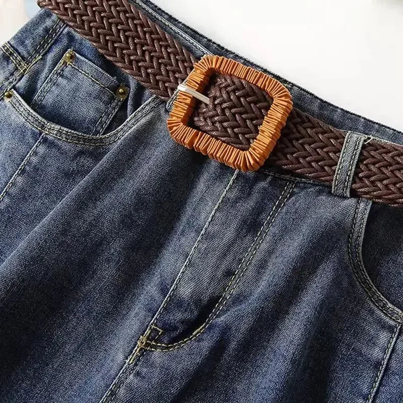 Women's Denim Shorts Spring/Summer Loose Versatile Capris Jeans Harajuku Wide Leg Pants Large Size Korean Casual Pants with Belt