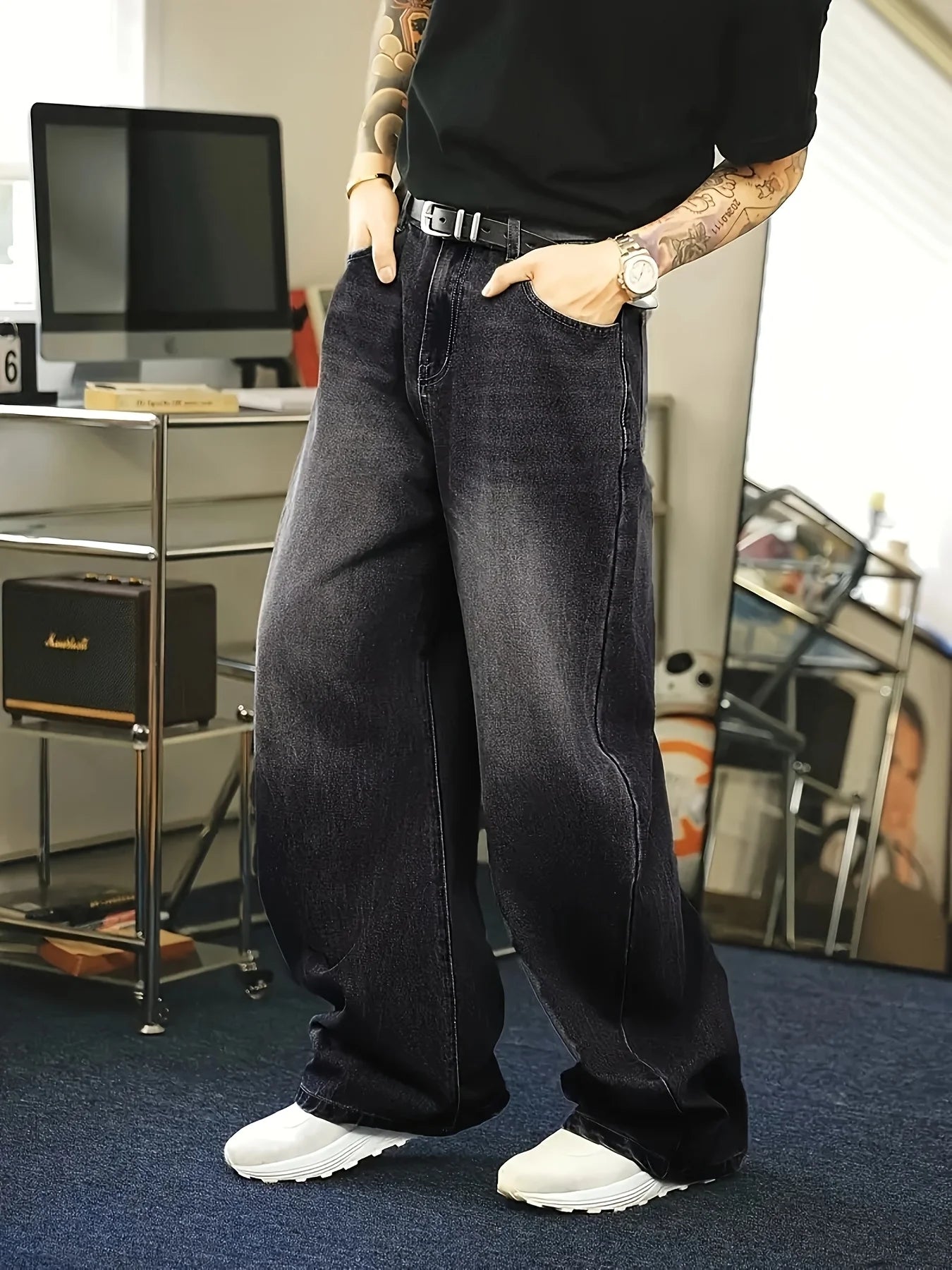 1Pc Men's Daily Travel Casual American Street Loose Jeans, Black, Light Blue, Sea Blue Fashion Street Style Retro Lantern Jeans  Denim Pants