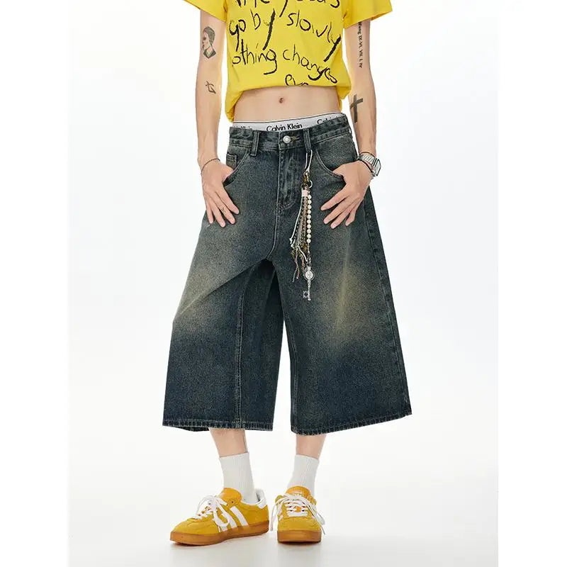 2025 Vintage American Washed Denim Capri Pants Retro Unisex Calf-Length Jeans for Men & Women Distressed Casual Streetwear S-XXL