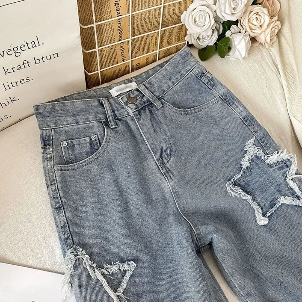 Denim Popular Ins Fashion Korean WIth Star Spring Autumn New High Waist Straight Leg Loose Fitting Jeans