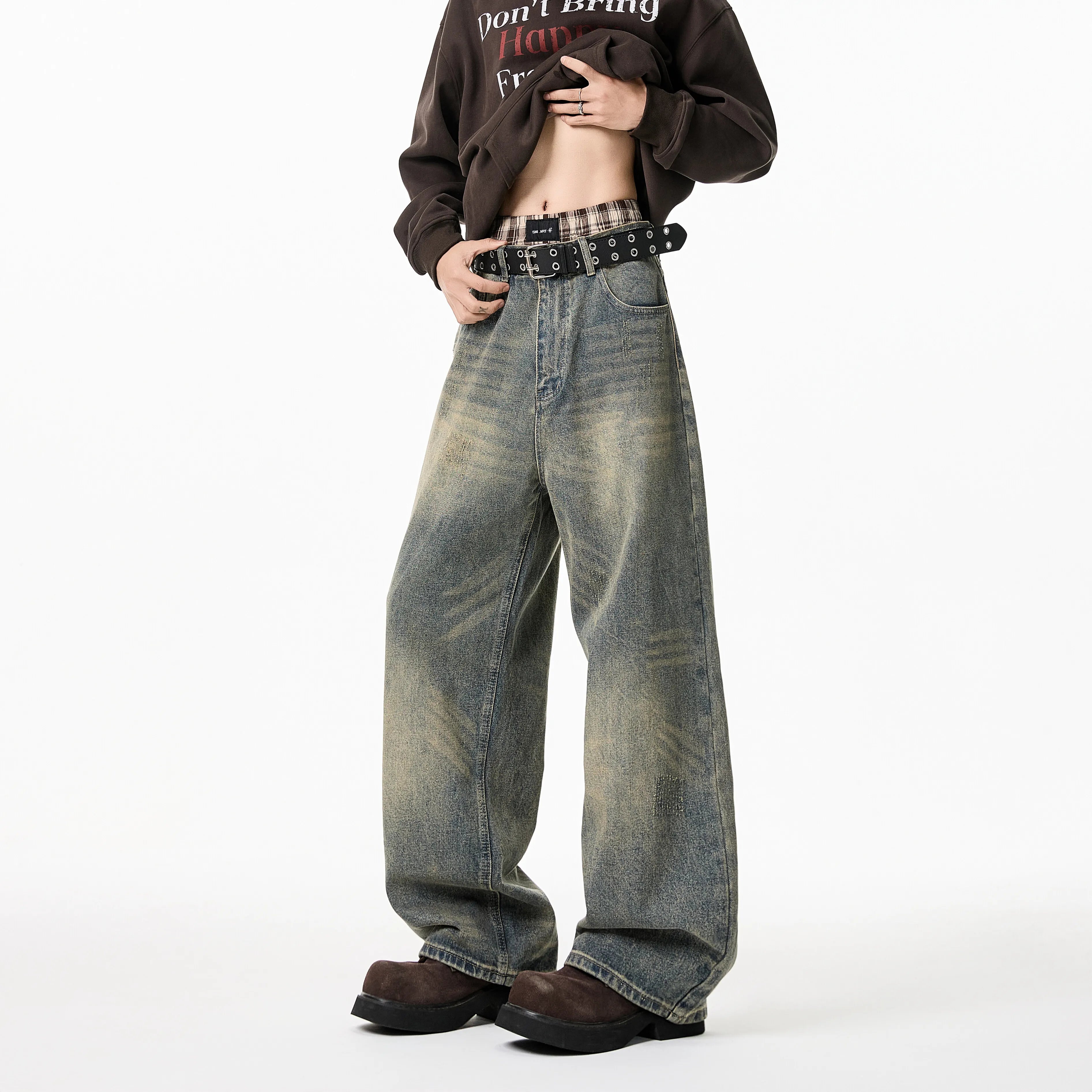 Mens Loose Straight Wide Leg Jeans Distressed Washed Vintage Oversized Floor Length Denim Pants Casual Streetwear 2025 Trendy