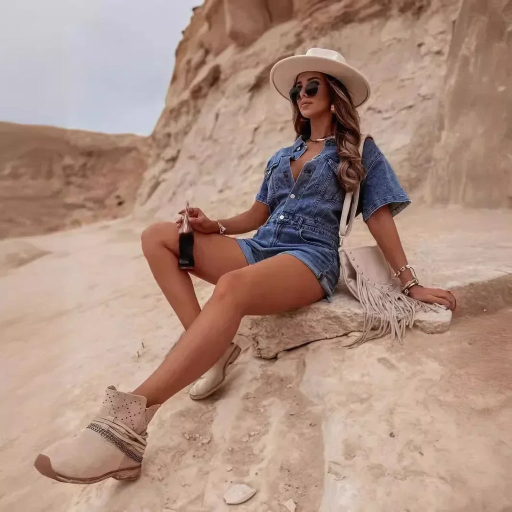 Women Denim Playsuit Shorts Pants High Waist Solid Color Summer Sexy Fashion Jeans Bodysuit