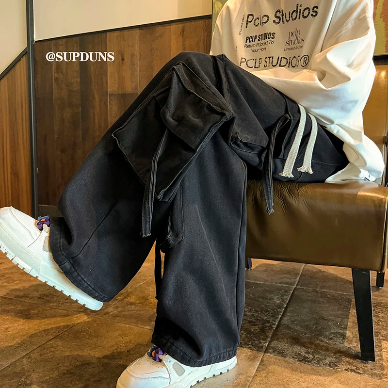 Men's Jeans Hip-hop Fashion Wide-leg Denim Pants Retro Baggy Trousers High Street Multi-pocket Jeans Male Streetwear