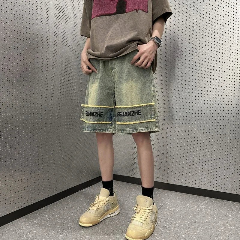 Short Jeans Pants For Men With Text Long Half Graphic Man Denim Shorts Bermuda Designer Vintage Original Popular Jorts Xl