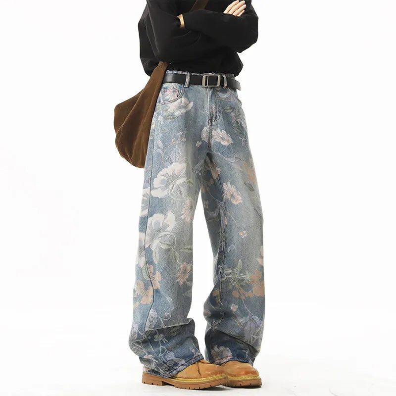 Printed denim jeans men American hip-hop High quality men women trendy retro floral print straight leg loose wide casual pants
