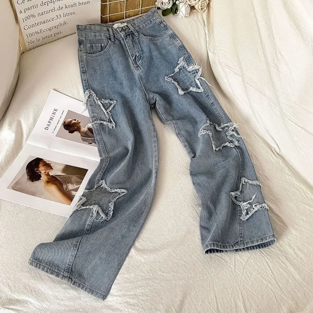 Denim Popular Ins Fashion Korean WIth Star Spring Autumn New High Waist Straight Leg Loose Fitting Jeans