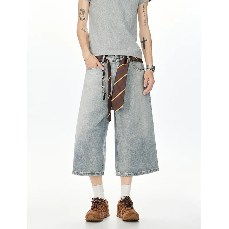 2025 Vintage American Washed Denim Capri Pants Retro Unisex Calf-Length Jeans for Men & Women Distressed Casual Streetwear S-XXL