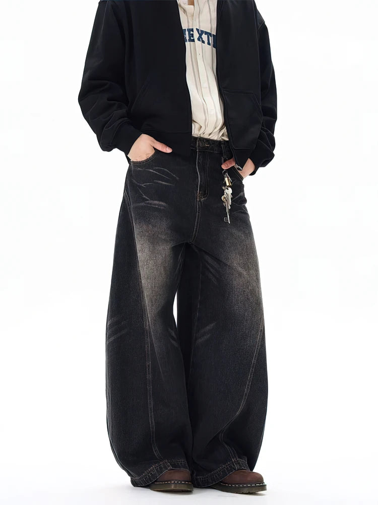 Vintage Black Washed Baggy Jeans Pants Men Wide leg Curved Blade Pants Streetwear Cowboy Casual Denim Straight Trousers