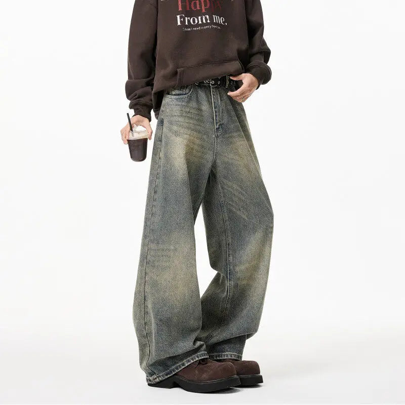 Mens Loose Straight Wide Leg Jeans Distressed Washed Vintage Oversized Floor Length Denim Pants Casual Streetwear 2025 Trendy