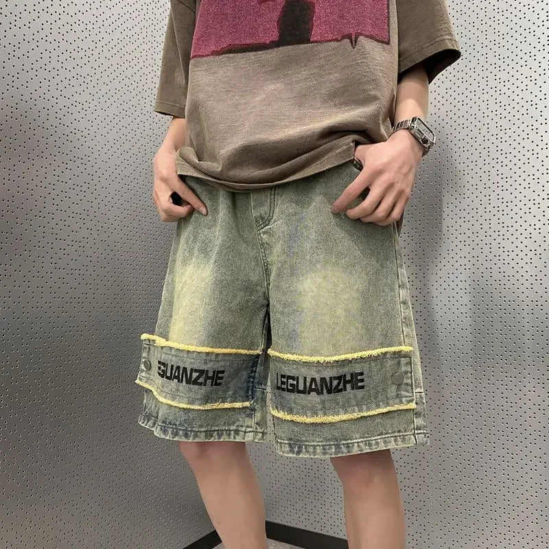 Short Jeans Pants For Men With Text Long Half Graphic Man Denim Shorts Bermuda Designer Vintage Original Popular Jorts Xl
