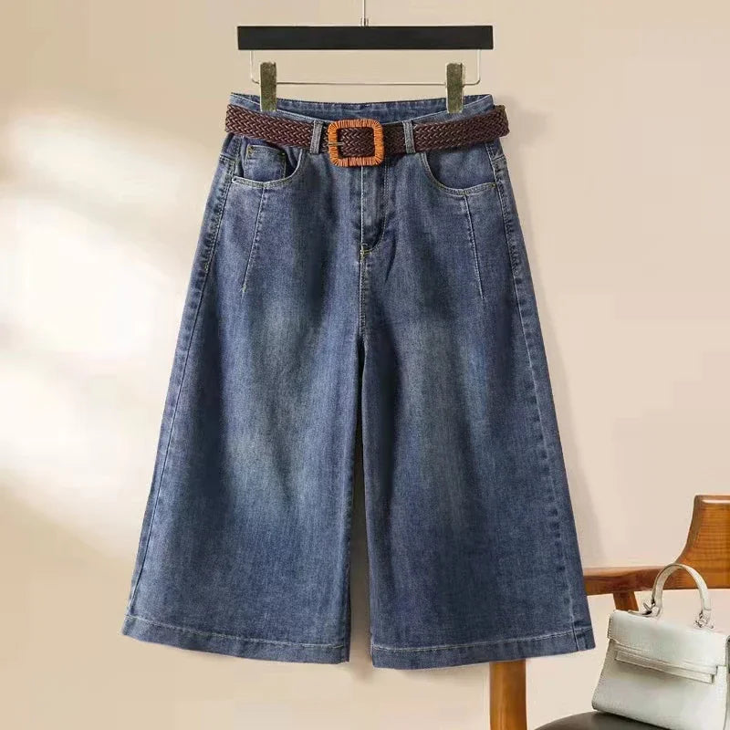 Women's Denim Shorts Spring/Summer Loose Versatile Capris Jeans Harajuku Wide Leg Pants Large Size Korean Casual Pants with Belt