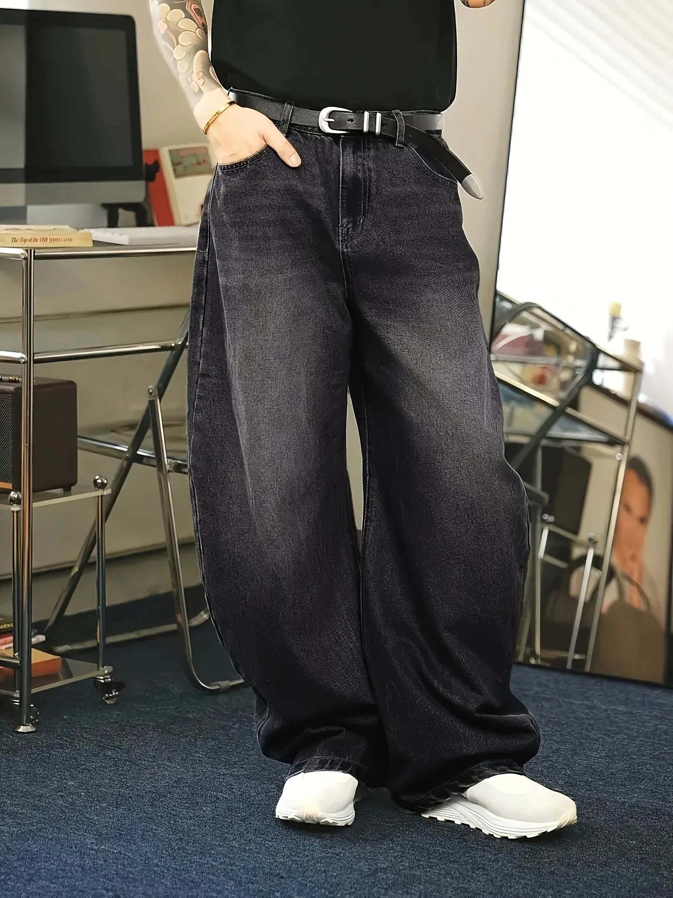 1Pc Men's Daily Travel Casual American Street Loose Jeans, Black, Light Blue, Sea Blue Fashion Street Style Retro Lantern Jeans  Denim Pants