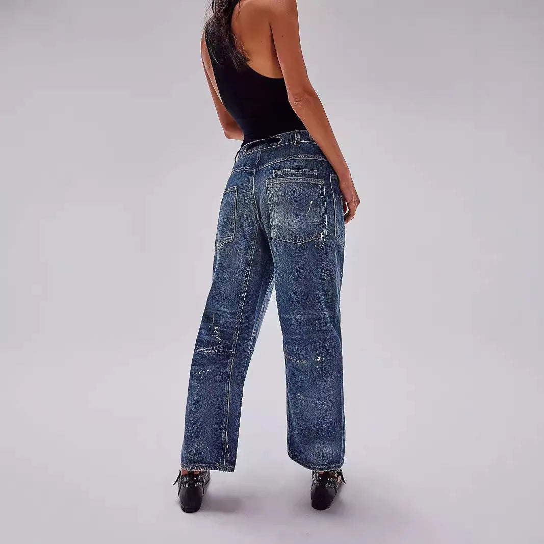 Jeans Women Denim Pants Straight Trousers Drawstring Long Pant Casual Loose Y2k Streetwear Button Pocket Splice Mom Jeans 2025