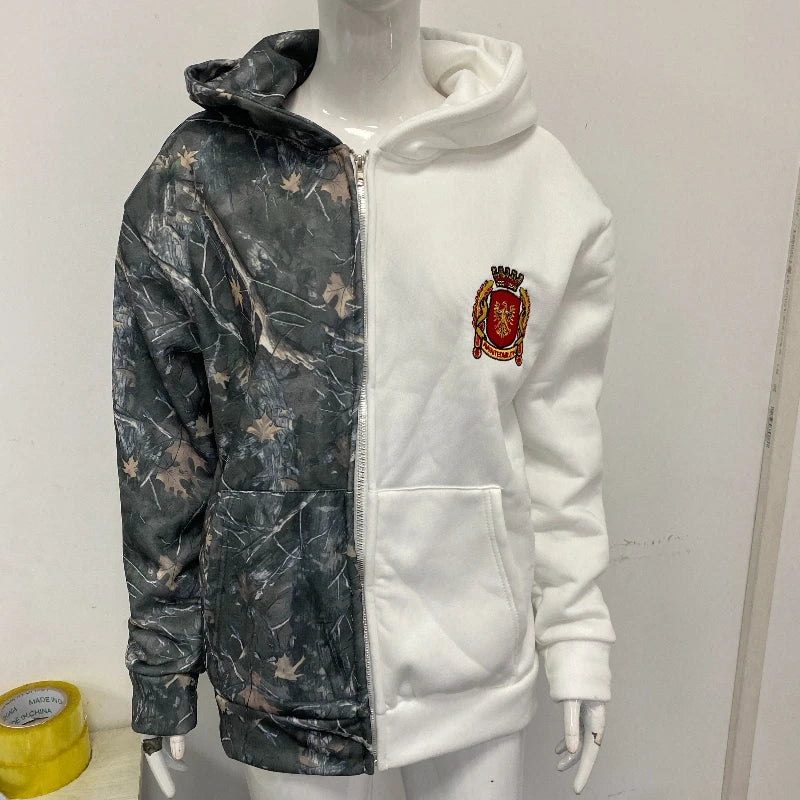 High waisted unisex straight fake dual style printed loose fashion jeans for daily casual street hip-hop Y2K clothing, hooded sw