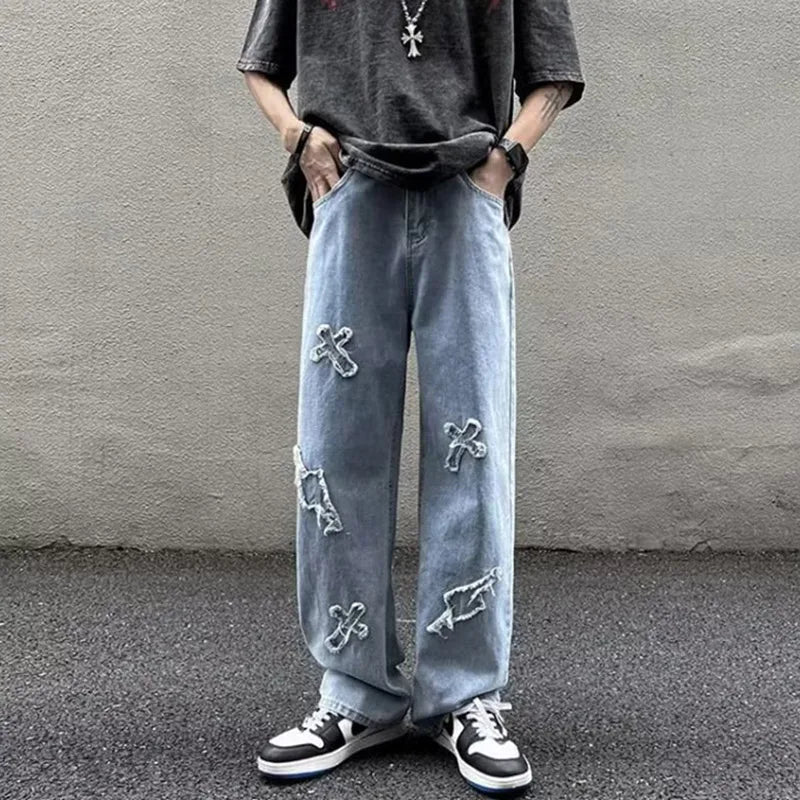 Men Straight Leg Denim Jeans Male New Fashion Casual Loose High Street Y2k Pants New Wide Leg Hip Hop Black Blue Pants