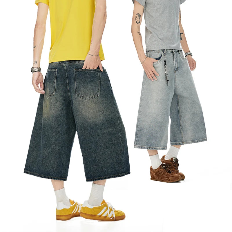 2025 Vintage American Washed Denim Capri Pants Retro Unisex Calf-Length Jeans for Men & Women Distressed Casual Streetwear S-XXL