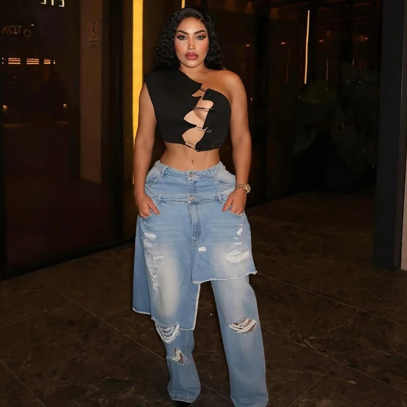 Fashion Denim Pants Women Street Wear New 2025 Fall Winter Stretch Vintage Y2k Trousers Apron Overup Ripped Straight Leg Jeans