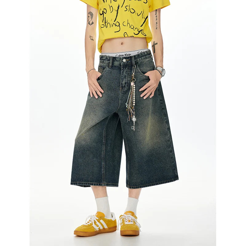 2025 Vintage American Washed Denim Capri Pants Retro Unisex Calf-Length Jeans for Men & Women Distressed Casual Streetwear S-XXL