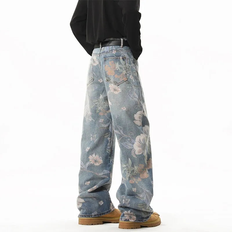 Printed denim jeans men American hip-hop High quality men women trendy retro floral print straight leg loose wide casual pants