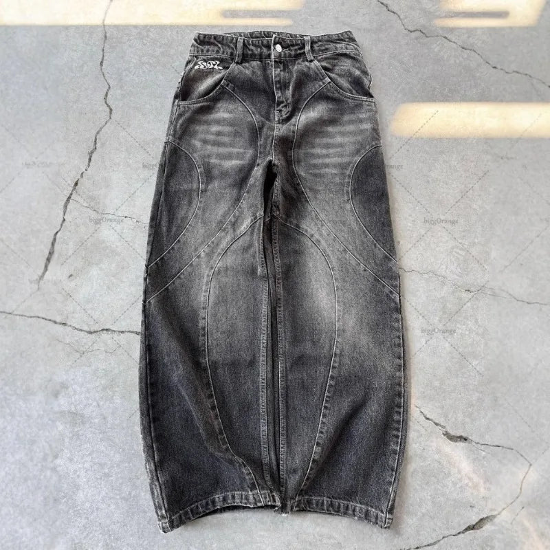 Deeptown Y2k Gothic Punk Washed Women Jeans Harajuku Wide Leg American Vintage Men Denim Pants Baggy Hip Hop Streetwear Trousers
