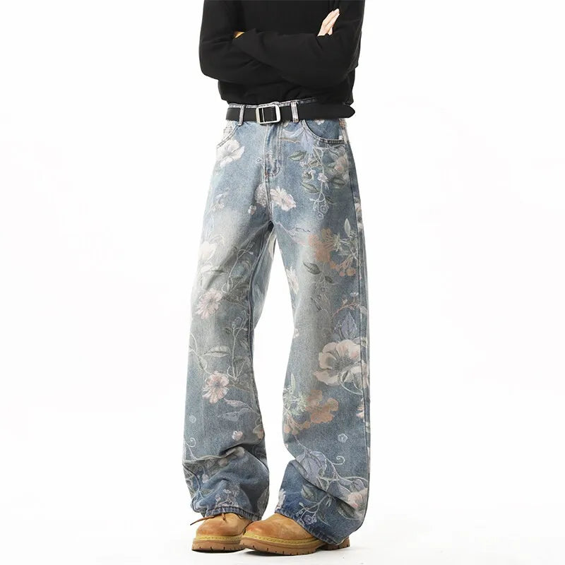 Printed denim jeans men American hip-hop High quality men women trendy retro floral print straight leg loose wide casual pants